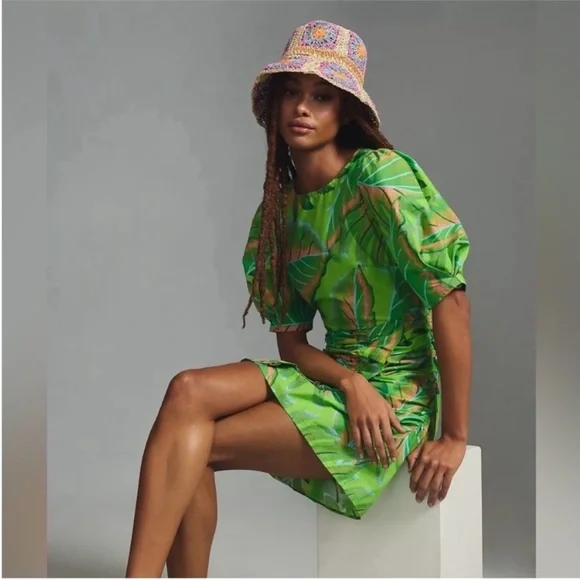 FARM Rio x Anthropologie Puff Sleeve Mini Dress Lime Green Palm Tropical NEW XL - Picture 2 of 13